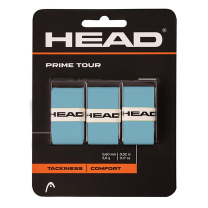 The HEAD Prime Tour Tennis Overgrip (3 Pack) - Blue comes in an eye-catching black and orange cardboard package. These overgrips, known for their superior tackiness and outstanding comfort, are designed to enhance your performance by providing a secure grip on the tennis court.