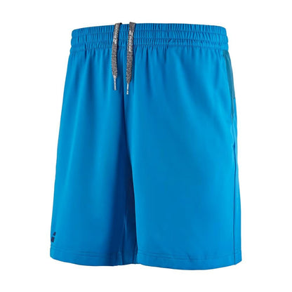 The Babolat Play Men's Tennis Shorts in Blue Aster feature an elastic waistband with a drawstring, small side pockets, and the enhanced 360 Motion design by Babolat for ultimate mobility.