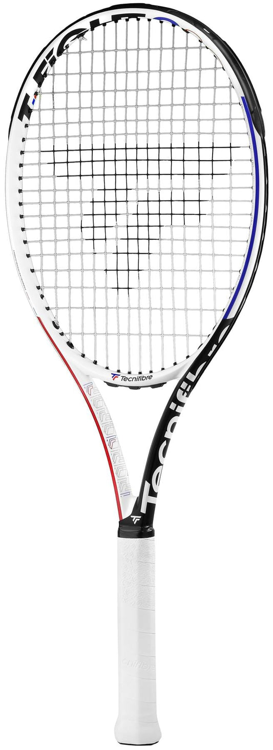 Perfect for intermediate and advanced players, the Tecnifibre T-Fight 300 RS Tennis Racket showcases an elegant frame in black and white. It includes a comfortable white grip handle and woven strings displaying the "Tecnifibre" logo.