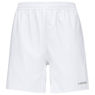 Introducing the HEAD Club Mens Tennis Shorts in white, featuring an elastic waistband and adorned with the "HEAD" brand name near the bottom hem. Engineered with MXM Technology, these shorts provide a simple, clean look and a slightly loose fit, ensuring unmatched comfort on the court.