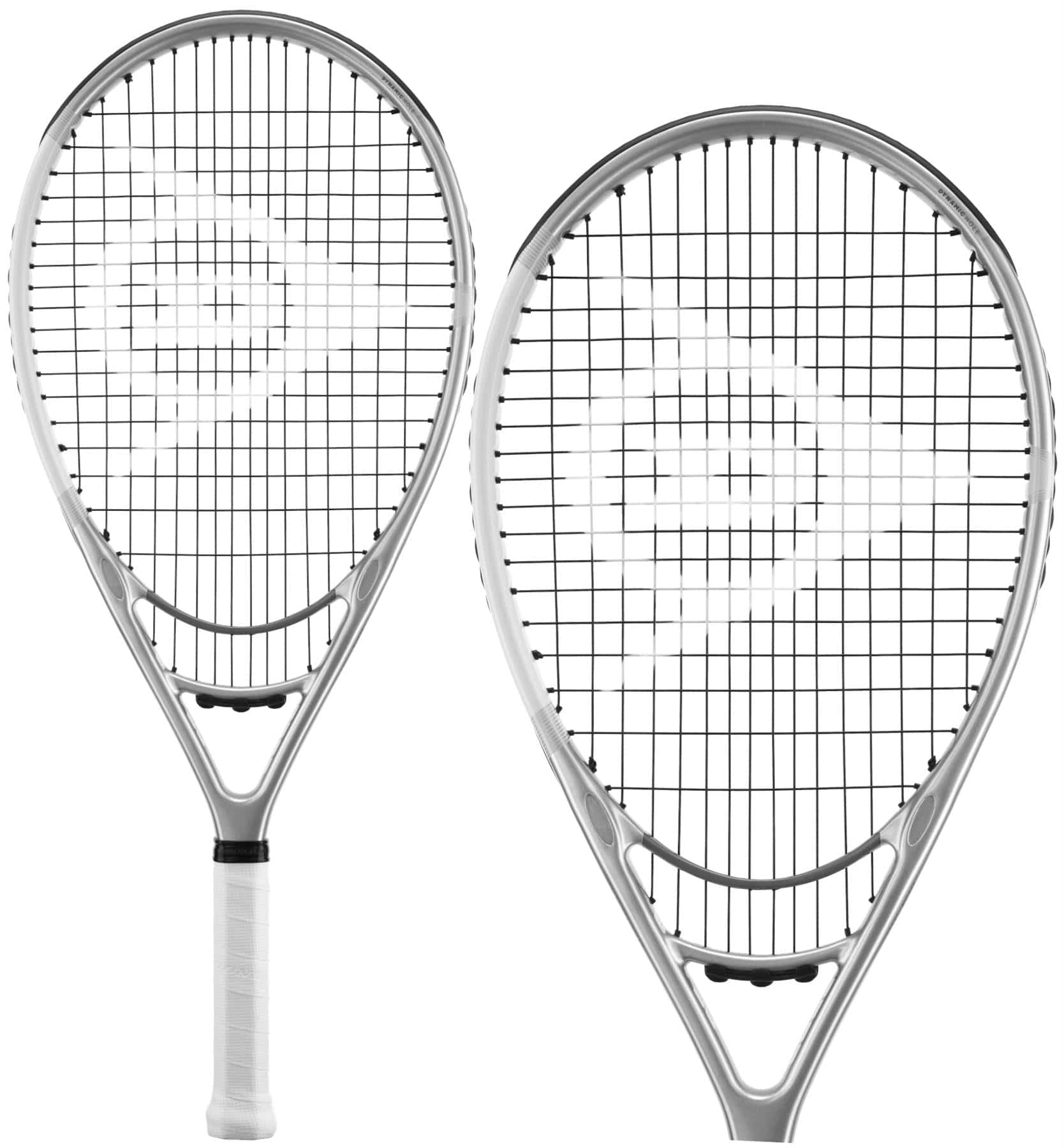 Displayed are two Dunlop LX 1000 Tennis Rackets with silver frames and white grips. These rackets showcase black strings and feature a logo on the string bed, promising enhanced shot power. They are positioned against a plain white background.