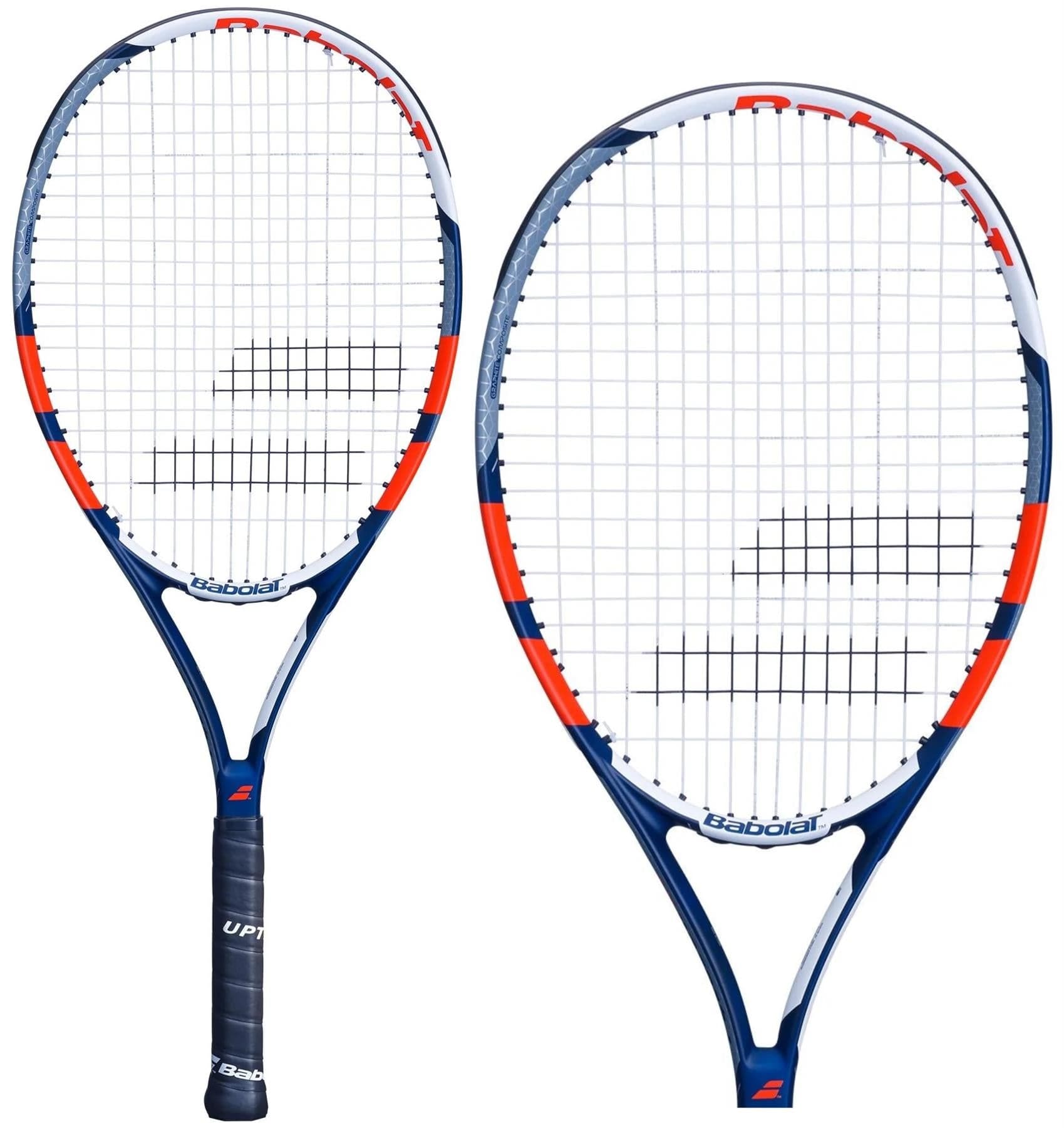 Two Babolat Pulsion 105 tennis rackets are presented in a blend of red, blue, and white. One is displayed front-facing while the other is viewed from the side, emphasizing its graphite construction. Ideal for beginners, the distinctive Babolat logo can be seen on both the strings and handle.