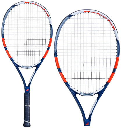 Two Babolat Pulsion 105 tennis rackets are presented in a blend of red, blue, and white. One is displayed front-facing while the other is viewed from the side, emphasizing its graphite construction. Ideal for beginners, the distinctive Babolat logo can be seen on both the strings and handle.