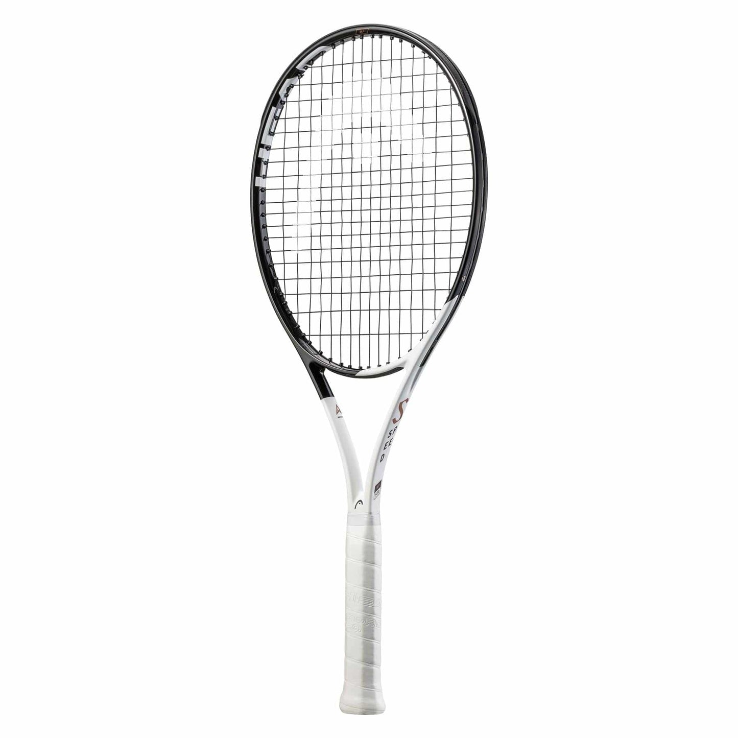 The HEAD Speed MP 2022 Tennis Racket by HEAD, in a sleek black and white color scheme, showcases an Auxetic frame with a contemporary design and a mesh string pattern. Featuring a white grip handle and tightly woven strings, this racket is perfect for tennis enthusiasts. It is displayed standing upright against a pristine white background.