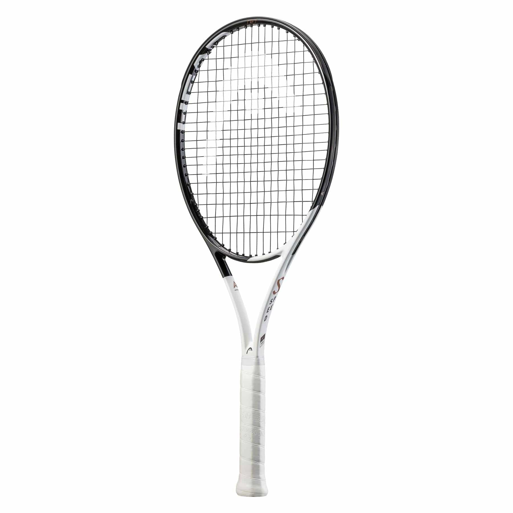 The HEAD Speed MP 2022 Tennis Racket by HEAD, in a sleek black and white color scheme, showcases an Auxetic frame with a contemporary design and a mesh string pattern. Featuring a white grip handle and tightly woven strings, this racket is perfect for tennis enthusiasts. It is displayed standing upright against a pristine white background.