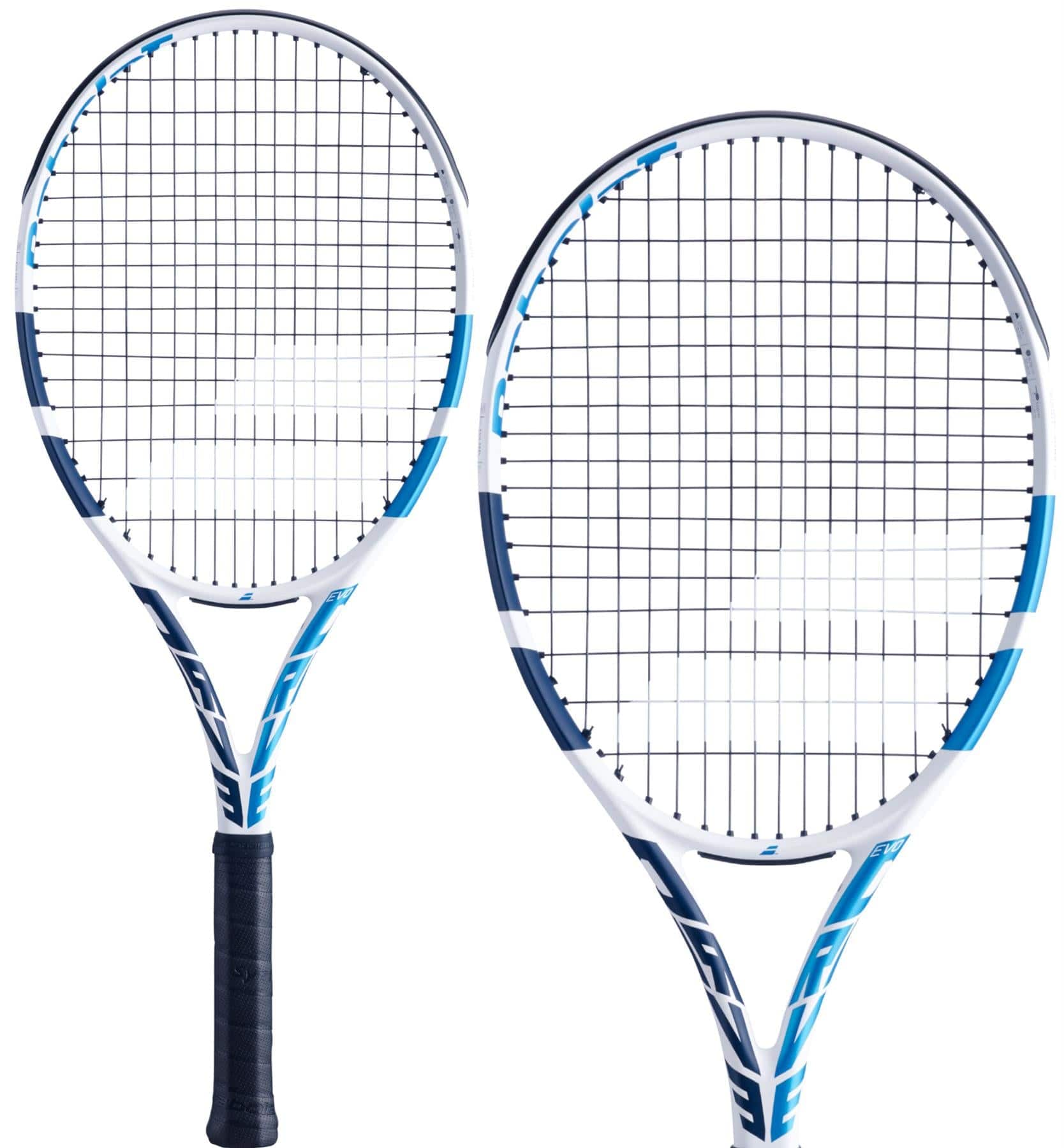 Two tennis rackets, one of which is the Babolat Evo Drive Tennis Racket - White (Strung), featuring a blue and white frame with a black grip, are showcased side by side against a white background. The strings are tightly strung, presenting a sleek and modern design perfect for intermediate players.