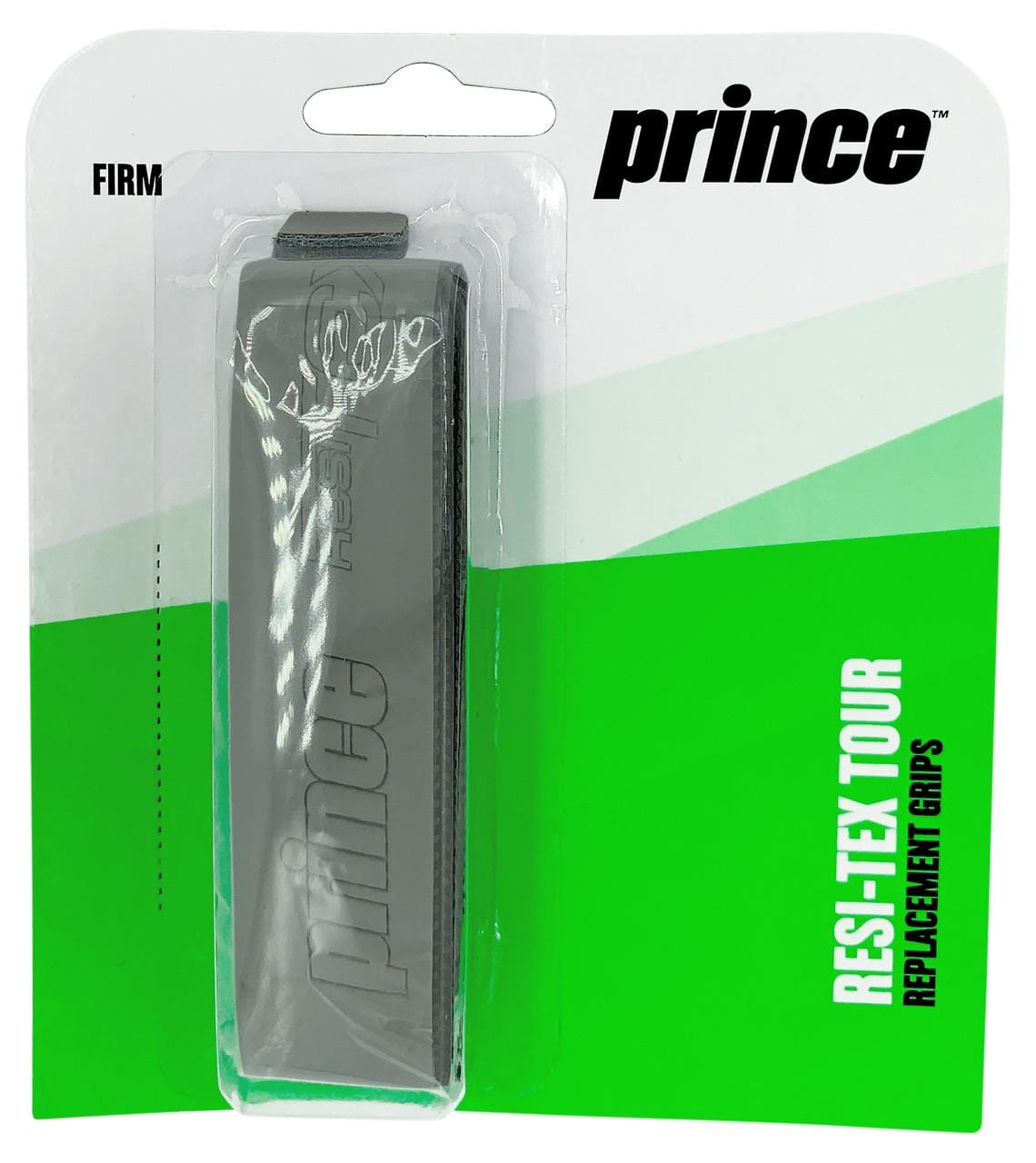The Prince ResiTex Tour Replacement Tennis Grip in grey, known for its firm feel, effectively absorbs moisture. The packaging is white and green and displays the Prince logo in the top right corner, with the tennis grip visible through transparent plastic.