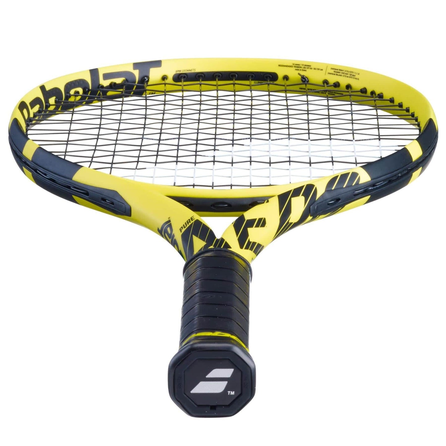 The Babolat Pure Aero + Tennis Racket - Yellow / Black (Strung), designed by Babolat, features a sleek design with a logo on the handle cap. Its tightly woven strings enhance spin and control, while the frame displays patterned branding. Positioned at an angle, it perfectly showcases its vibrant colors and design details.
