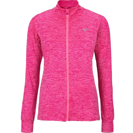 Introducing the Victor Longsleeve Women's Quarter Zip Jacket in pink, featuring a vibrant full-length zipper and a discreet logo on the left chest. This elegant piece from Victor is made with lightweight fabric, presenting a textured marbled design that combines style and comfort effortlessly.