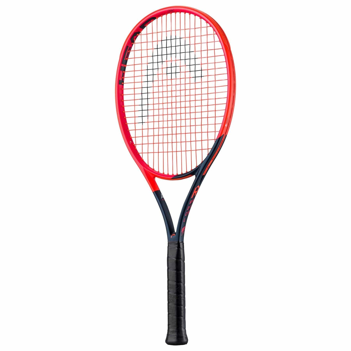 The HEAD Radical Team 2023 Tennis Racket showcases a vibrant orange and navy blue design with a mesh string pattern. Enhanced with Graphene and Auxetic technology, its frame is marked with the logo near the top, while the black grip handle ensures comfort. It stands vertically against a white background.