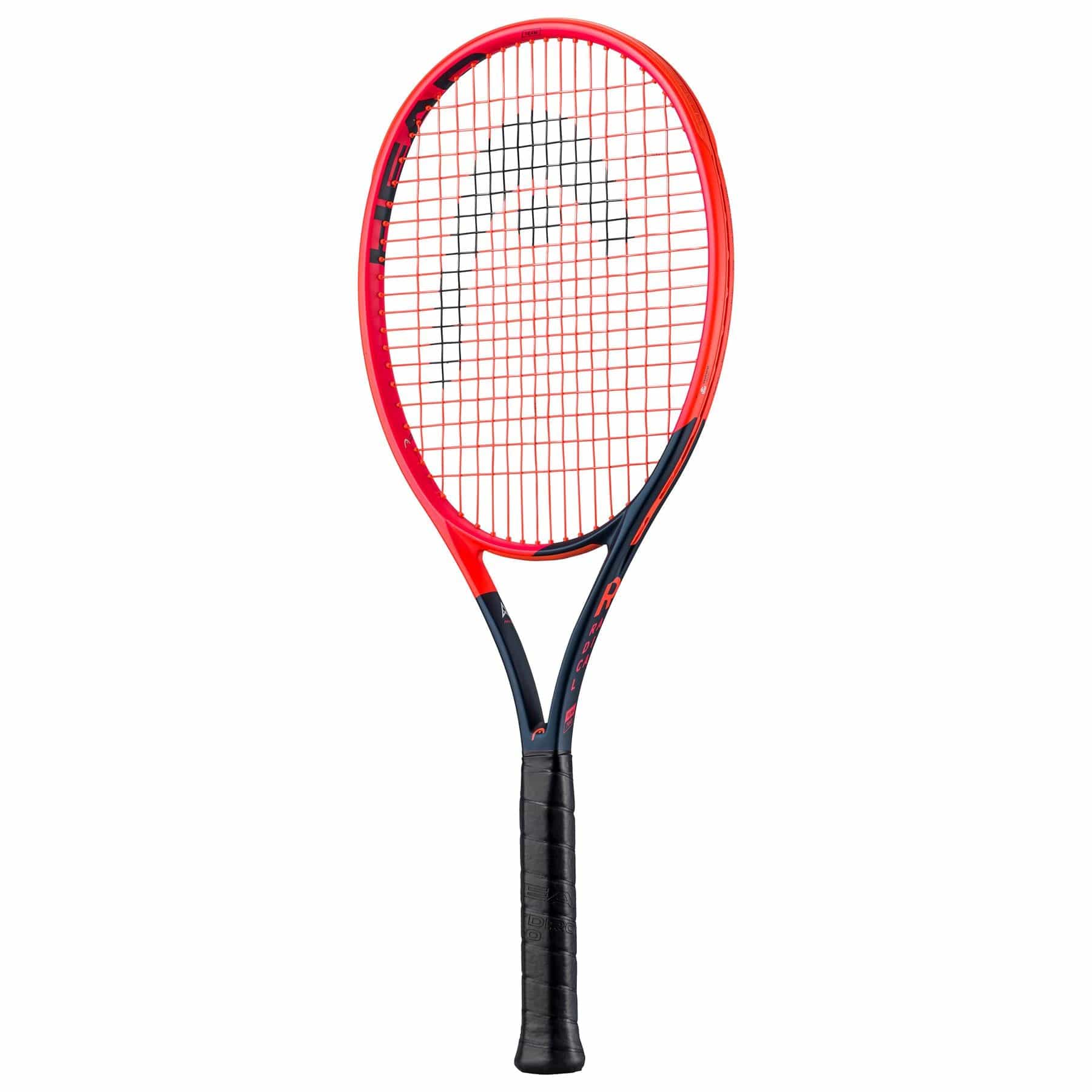The HEAD Radical Team 2023 Tennis Racket showcases a vibrant orange and navy blue design with a mesh string pattern. Enhanced with Graphene and Auxetic technology, its frame is marked with the logo near the top, while the black grip handle ensures comfort. It stands vertically against a white background.