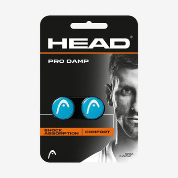 This set of HEAD Pro Damp Tennis Dampeners, crafted from advanced silicone material, is engineered to minimize vibrations for improved shock absorption and comfort. The package contains two blue dampeners displaying the HEAD logo and features a black-and-white image of a male athlete on the packaging.