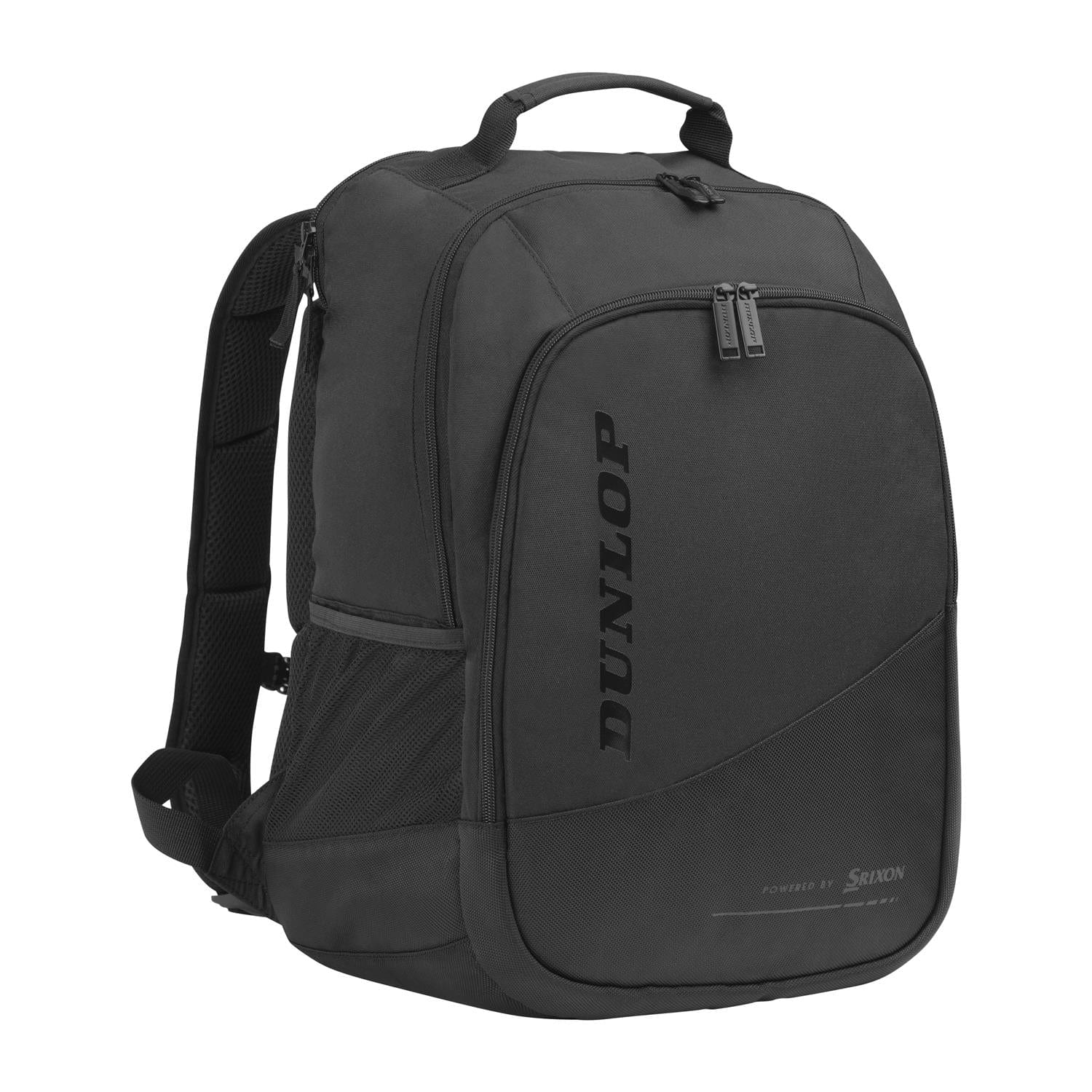 The Dunlop CX Performance Tennis Backpack - Black prominently displays the Dunlop logo on its front pocket and offers generous space for rackets. It includes a top handle, adjustable shoulder straps, a side mesh pocket, and several compartments with secure zipper closures.