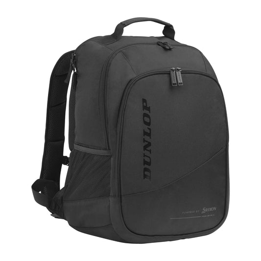 The Dunlop CX Performance Tennis Backpack - Black prominently displays the Dunlop logo on its front pocket and offers generous space for rackets. It includes a top handle, adjustable shoulder straps, a side mesh pocket, and several compartments with secure zipper closures.