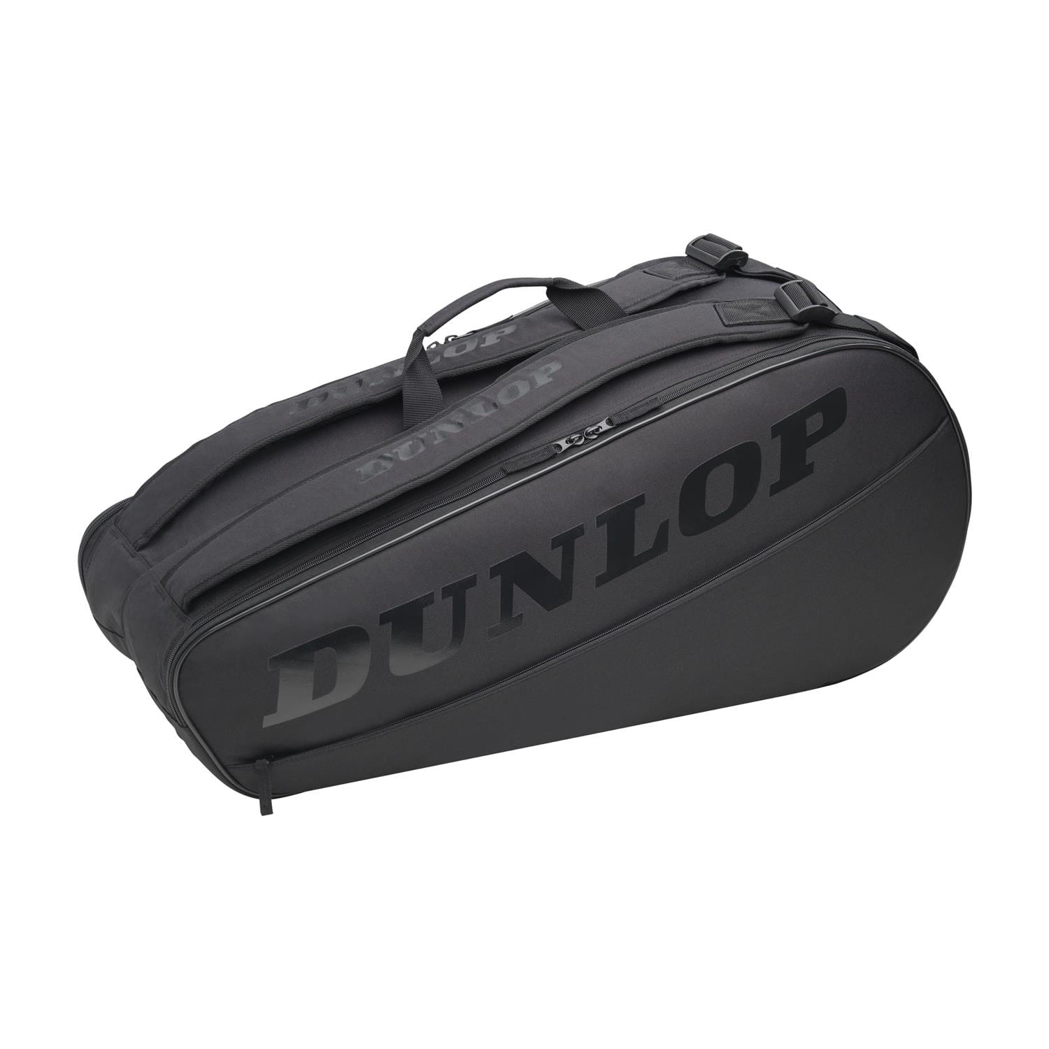 A Dunlop CX Club 6 Racket Tennis Bag in black, equipped with zippers and comfortable shoulder straps, prominently displaying the brand name "DUNLOP" on the side. This bag is crafted for optimal racket storage and to carry all your essential tennis gear.