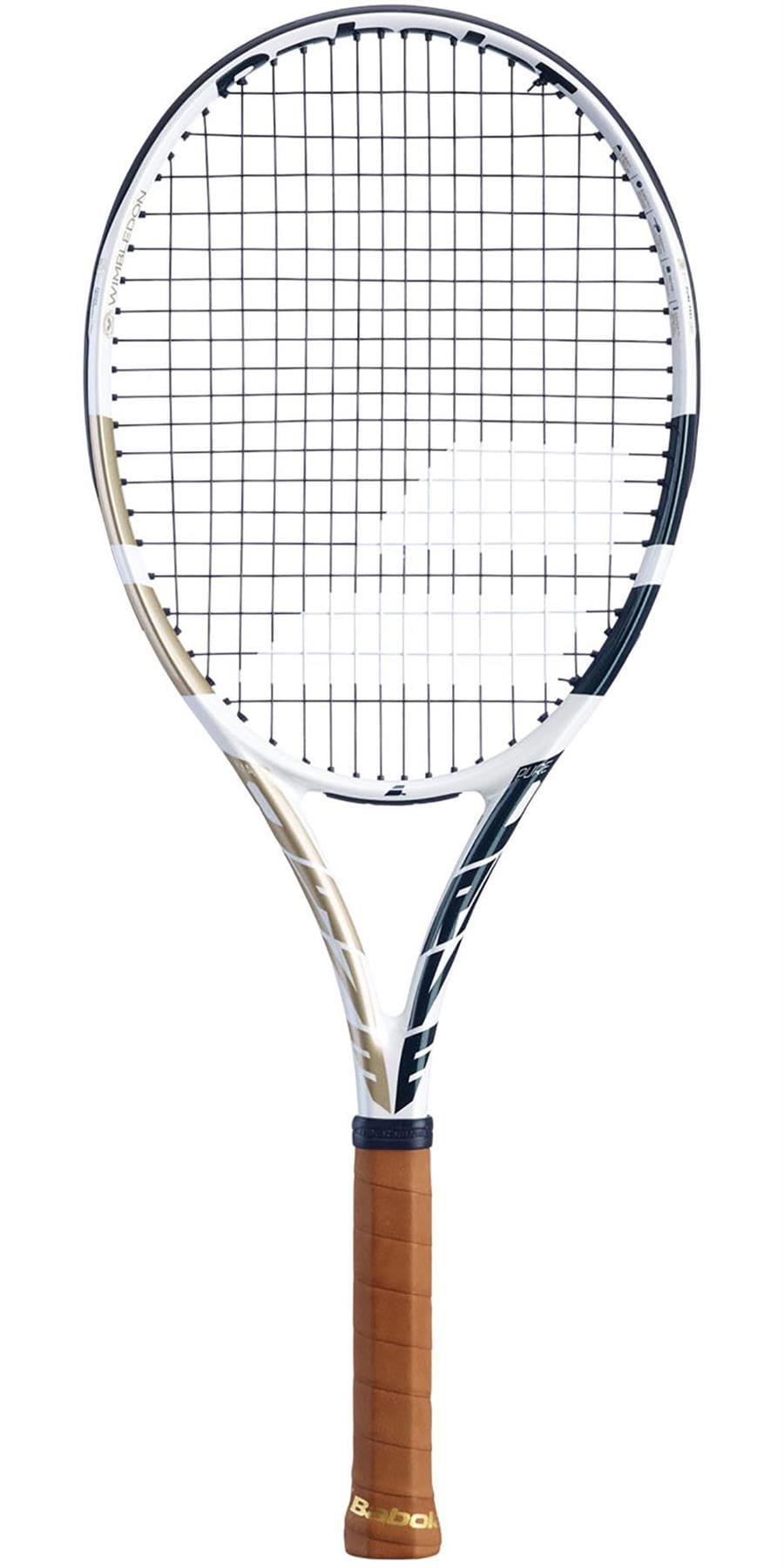 The Babolat Pure Drive Team Tennis Racket - Wimbledon (Frame Only) showcases the SWX Pure Feel technology with its sleek design. This racket features a white frame strung with black strings, complemented by a light brown grip, and prominently displays the Babolat logo on both the handle and frame to offer enhanced performance and precision.