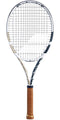 The Babolat Pure Drive Team Tennis Racket - Wimbledon (Frame Only) showcases the SWX Pure Feel technology with its sleek design. This racket features a white frame strung with black strings, complemented by a light brown grip, and prominently displays the Babolat logo on both the handle and frame to offer enhanced performance and precision.