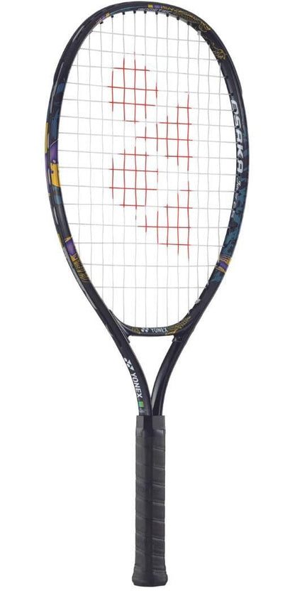 The Yonex Osaka Junior 23 Tennis Racket by Yonex is a gold and purple tennis racket. It features a dark handle, with strings forming a red design in the center and colorful accents along the sides of the frame.