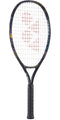 The Yonex Osaka Junior 23 Tennis Racket by Yonex is a gold and purple tennis racket. It features a dark handle, with strings forming a red design in the center and colorful accents along the sides of the frame.
