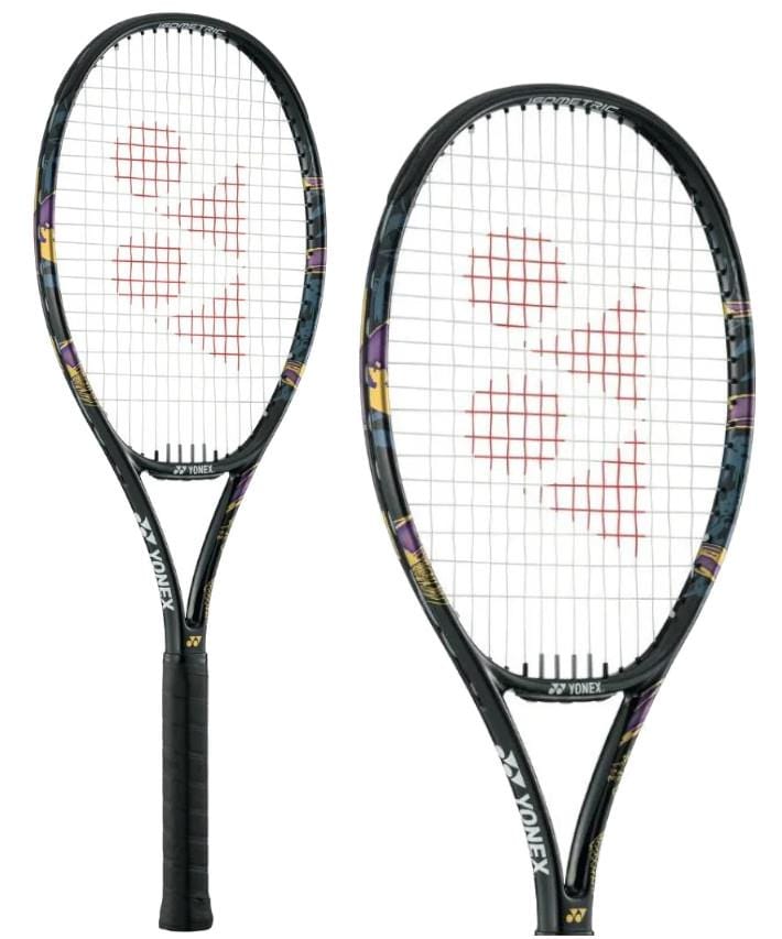 Displayed are two Yonex EZONE Osaka Team Tennis Rackets in black with gold accents, featuring a red logo on the strings. The brand "Yonex" is visible on the frames, which incorporate Isometric technology for enhanced accuracy and sport Aero Shape dynamics for improved performance.
