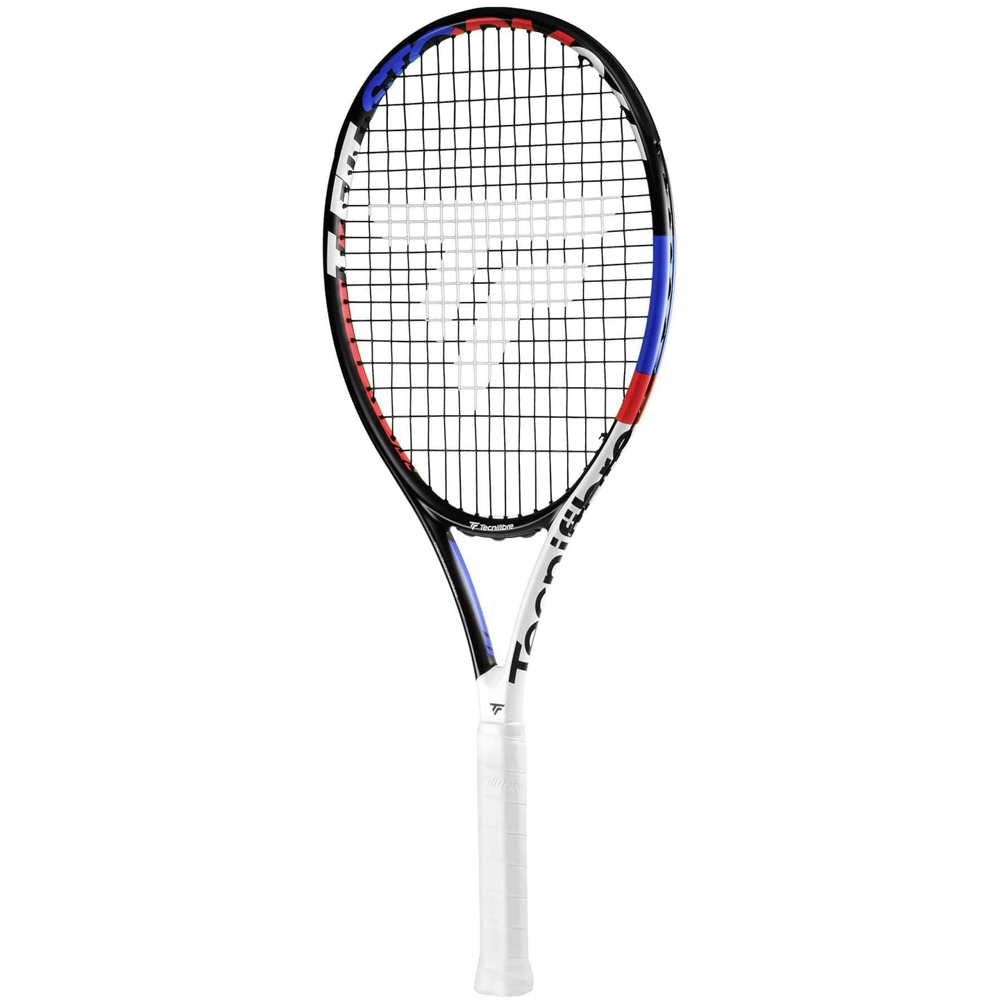The Tecnifibre TFit 265 Storm 2021 Tennis Racket, crafted by Tecnifibre, is an affordable option for beginners. It boasts a white grip, black strings, and a frame accented with stylish black, blue, and red designs.