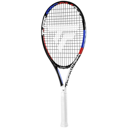 The Tecnifibre TFit 265 Storm 2021 Tennis Racket, crafted by Tecnifibre, is an affordable option for beginners. It boasts a white grip, black strings, and a frame accented with stylish black, blue, and red designs.
