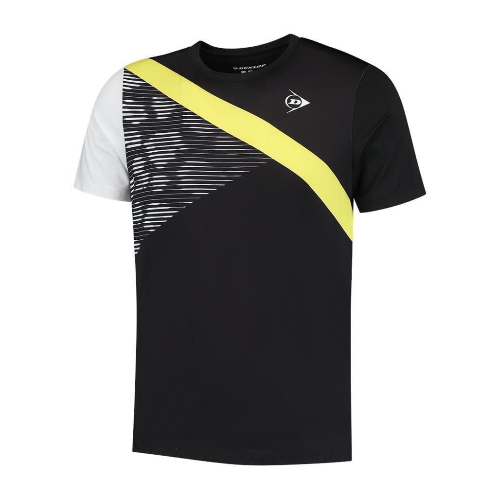 The Dunlop Performance Game 3 Men's Tennis T-Shirt - Black showcases a contemporary style with a diagonal yellow stripe across the chest. The right side is adorned with black and white horizontal lines, complemented by a white left sleeve. A small Dunlop logo is positioned near the neck, and its moisture-absorbing fabric guarantees comfort during gameplay.