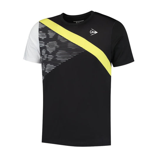The Dunlop Performance Game 3 Men's Tennis T-Shirt - Black showcases a contemporary style with a diagonal yellow stripe across the chest. The right side is adorned with black and white horizontal lines, complemented by a white left sleeve. A small Dunlop logo is positioned near the neck, and its moisture-absorbing fabric guarantees comfort during gameplay.