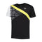 The Dunlop Performance Game 3 Men's Tennis T-Shirt - Black showcases a contemporary style with a diagonal yellow stripe across the chest. The right side is adorned with black and white horizontal lines, complemented by a white left sleeve. A small Dunlop logo is positioned near the neck, and its moisture-absorbing fabric guarantees comfort during gameplay.