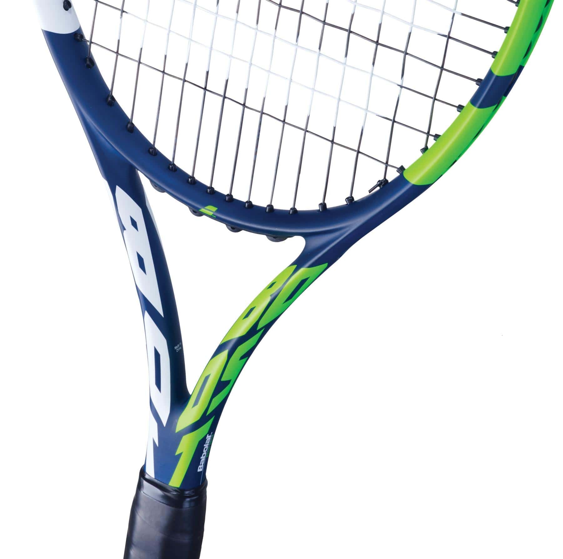 Close-up of the Babolat Boost Drive Tennis Racket, featuring a dark blue and green color scheme on its graphite frame. The tightly woven strings are visible along with part of the handle, and the design is accentuated by bold white numbers and letters. The background is white.