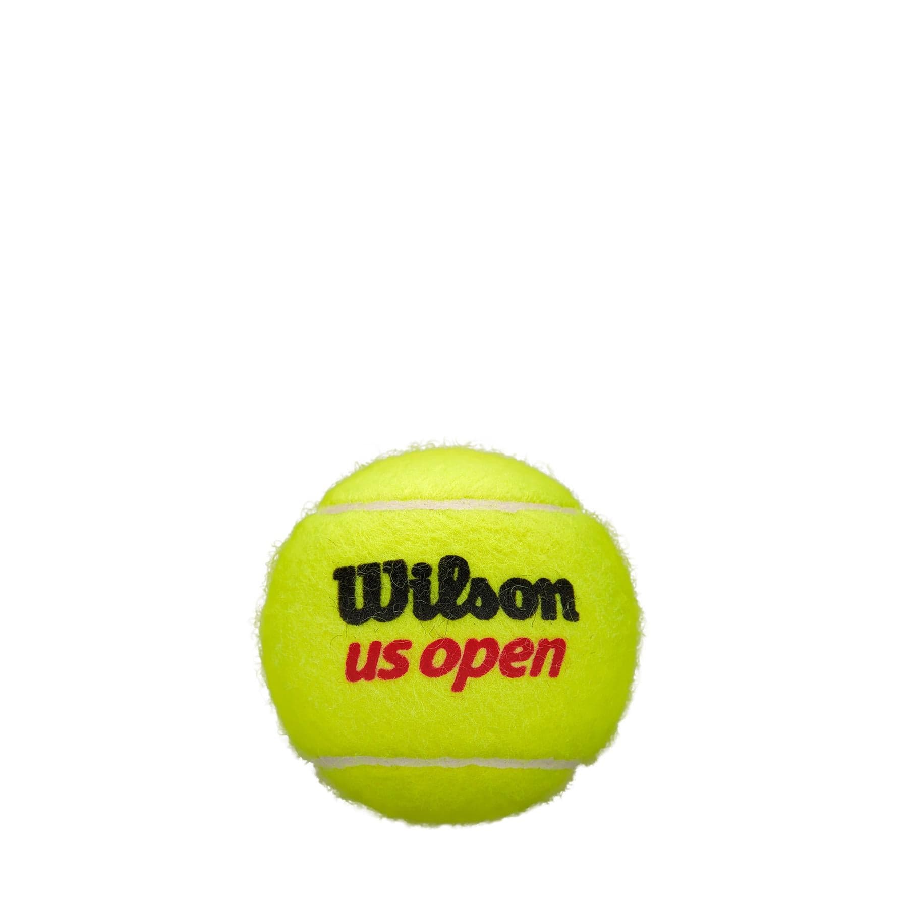 A vibrant yellow tennis ball adorned with the "Wilson" logo and "US Open" in red and black lettering, crafted for peak performance on hard court surfaces, isolated against a white background, from the Wilson US Open Official Tennis Balls - 4 Ball Tube collection.