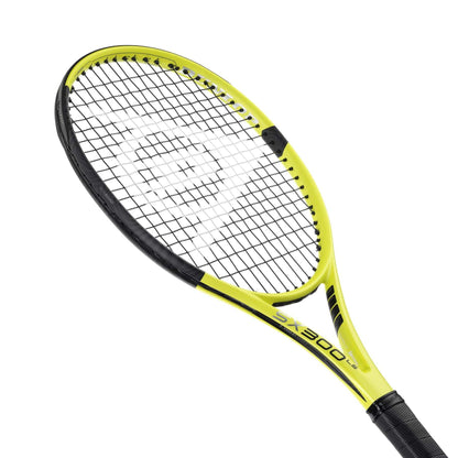 The Dunlop SX 300 Lite Tennis Racket in yellow and black boasts a sleek and modern design with Spin Boost+ Grommets. The strings form a grid pattern, and the black grip complements the slightly curved frame for enhanced spin maneuverability.