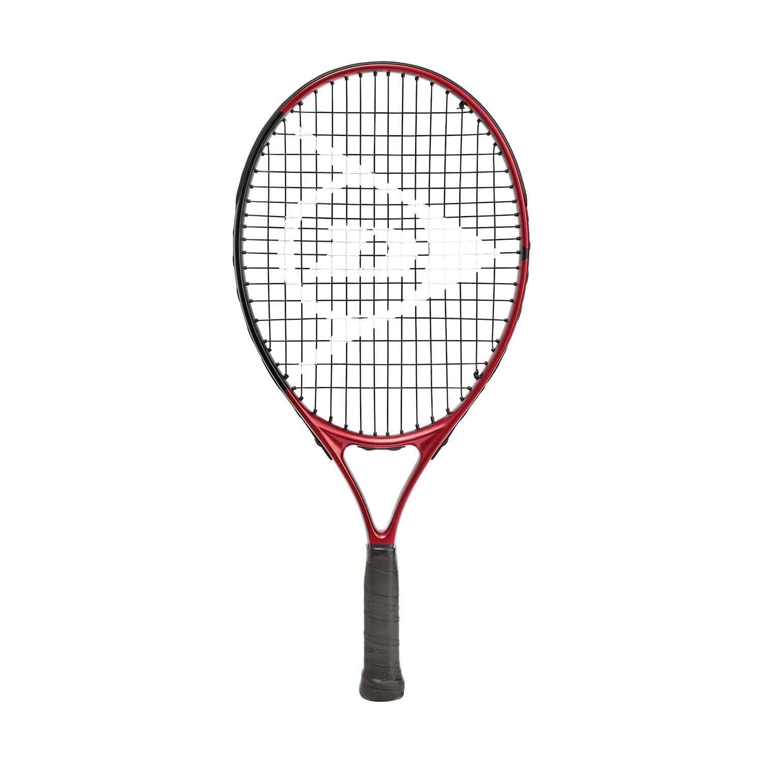 The Dunlop CX Junior 21 Tennis Racket - Red - G000, from the brand Dunlop, is characterized by its red and black design and logo pattern on the strings. It is engineered to enhance power and spin. The racket also features a dark handle with a textured grip and is presented against a white background.