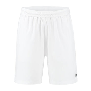 The K-Swiss Hypercourt Men's Tennis Shorts in white come with an elastic waistband and feature a small black logo at the bottom of the right leg. Made from lightweight, breathable fabric, they are perfect for performance wear, ideal for tennis or casual occasions.