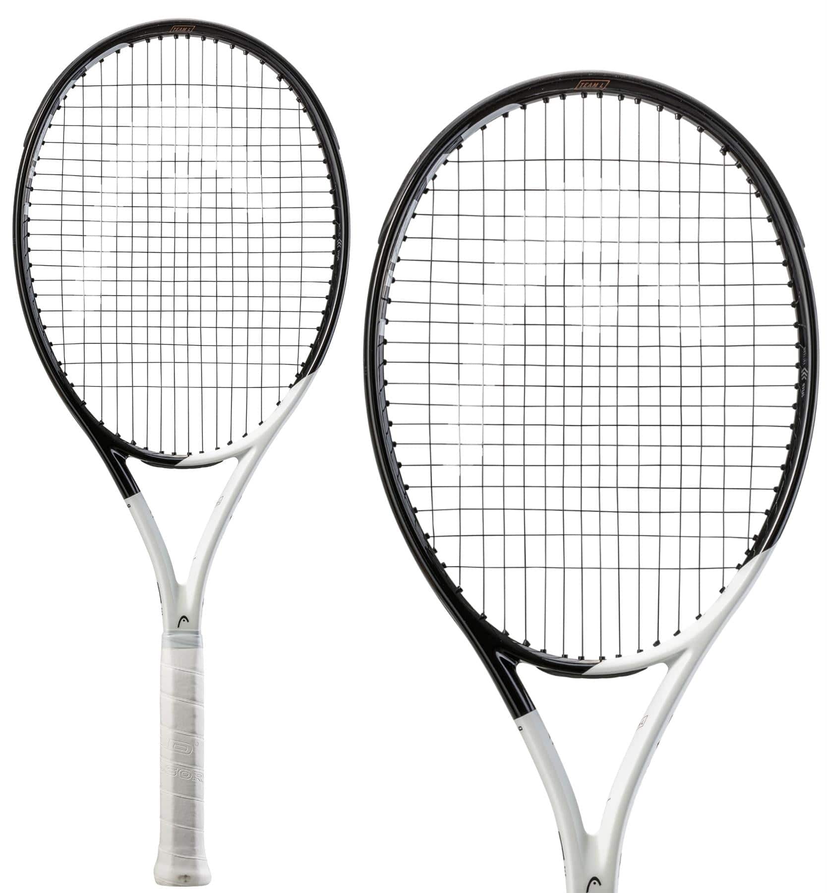 Two tennis rackets with white frames and black strings are displayed against a white background. Featuring the HEAD Speed Team L 2022 Tennis Racket's innovative Auxetic construction for enhanced performance, one showcases the full length while the other highlights the detailed frame of the racket head.
