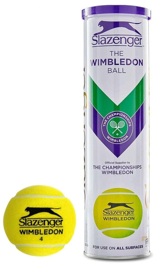 A tube of Slazenger Wimbledon Official Tennis Balls - 4 Ball Tube, enhanced with Hydroguard Technology, is displayed next to a lone yellow ball labeled "Slazenger 4". The tube highlights the classic Wimbledon logo and colors while promoting its premium woven ULTRA VIS cloth as "The Wimbledon Ball".
