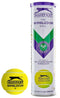 A tube of Slazenger Wimbledon Official Tennis Balls - 4 Ball Tube, enhanced with Hydroguard Technology, is displayed next to a lone yellow ball labeled "Slazenger 4". The tube highlights the classic Wimbledon logo and colors while promoting its premium woven ULTRA VIS cloth as "The Wimbledon Ball".