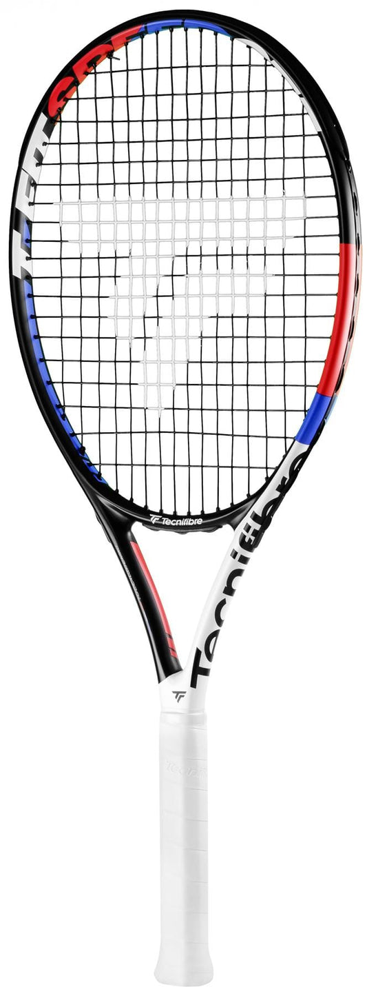 The Tecnifibre TFit 275 Speed 2021 Tennis Racket is an affordable option for beginners, showcasing a predominantly black frame adorned with red and blue accents. It features a white grip and a woven string pattern. The brand name "Tecnifibre" is elegantly printed in white on the side of the frame.