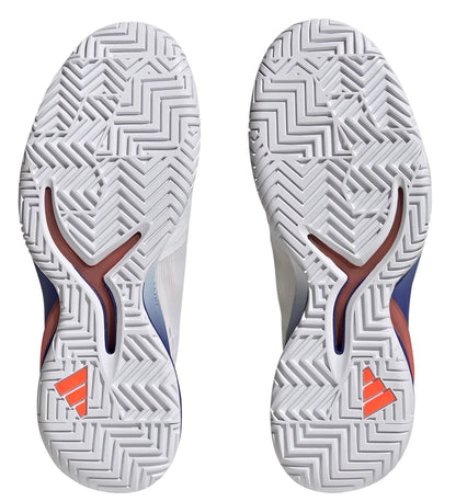 The image highlights the adidas Adizero Cybersonic Men's Tennis Shoes in Cloud White, Core Black, and Solar Red. The white soles feature a zigzag tread pattern with accents of red and black that reflect their innovative design. Made with recycled materials, these shoes blend sustainability with style.