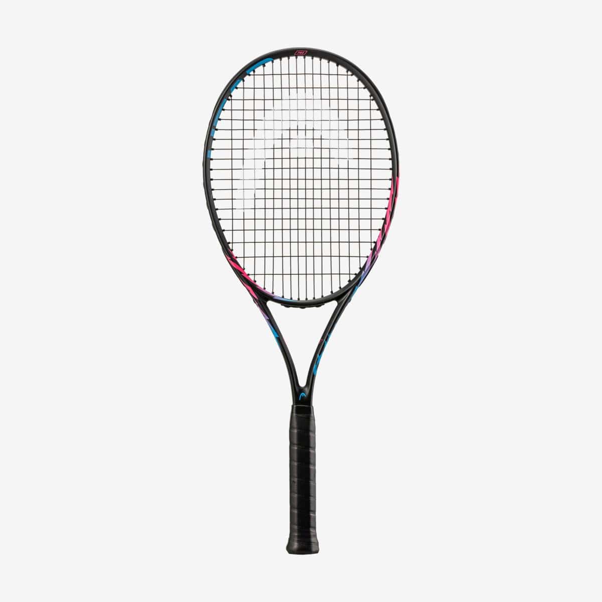 A HEAD MX Spark Pro Tennis Racket - Black features a striking design on its frame set against a plain white backdrop. Perfect for beginners, the racket's strings are arranged in a precise grid pattern, and its grip is wrapped in dark material.
