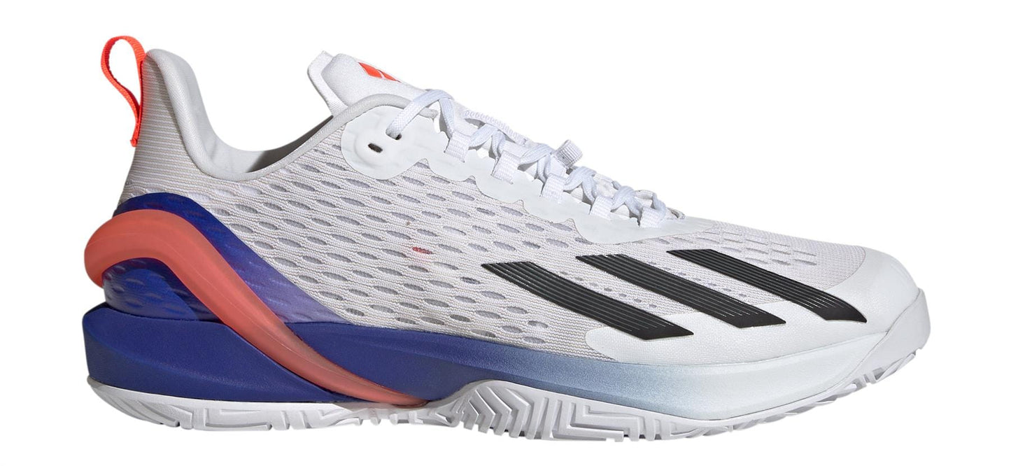 The adidas Adizero Cybersonic Men's Tennis Shoes in Cloud White, Core Black, and Solar Red feature a modern design with a white mesh upper and striking black stripes. Crafted using recycled materials, they showcase bold outsole details. The heel is highlighted with blue, purple, and pink accents complemented by a red heel tab, making them an ideal choice for tennis enthusiasts.