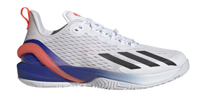 The adidas Adizero Cybersonic Men's Tennis Shoes in Cloud White, Core Black, and Solar Red feature a modern design with a white mesh upper and striking black stripes. Crafted using recycled materials, they showcase bold outsole details. The heel is highlighted with blue, purple, and pink accents complemented by a red heel tab, making them an ideal choice for tennis enthusiasts.