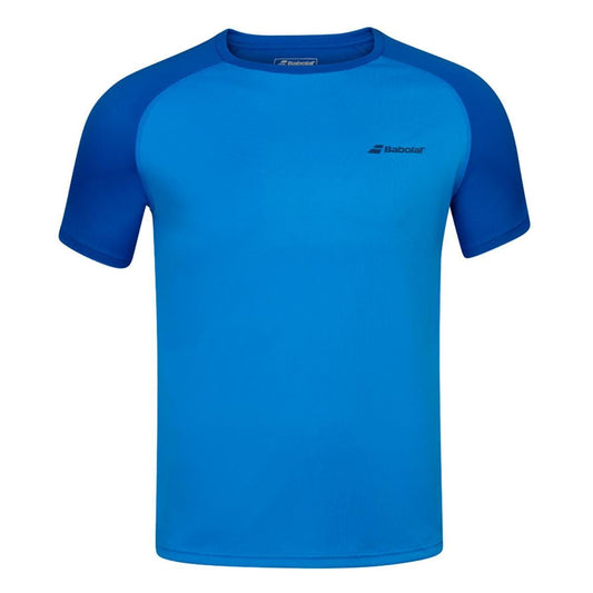 The Babolat Play Crew Neck Men's Tennis T-Shirt - Blue Aster is crafted with Fiber Dry polyester to ensure optimal performance. It features a blue short-sleeve design with contrasting dark blue raglan sleeves and a small logo on the chest. The sport clothing piece is presented against a clean white background.