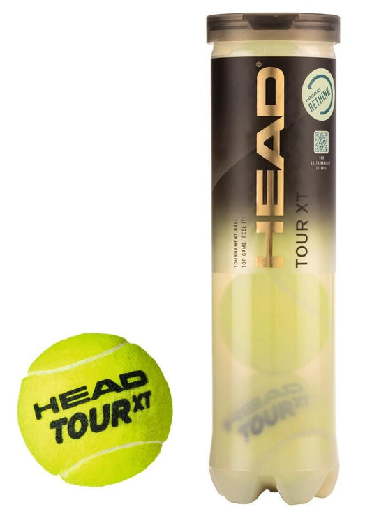 Featured in its transparent packaging, revealing the HEAD logo, is a tube containing HEAD Tour XT Tennis Balls - 4 Ball Tube. Highlighted beside it is a vibrant yellow ball showcasing the "HEAD Tour XT" text and incorporating Impact (EN)Core technology to boost performance.