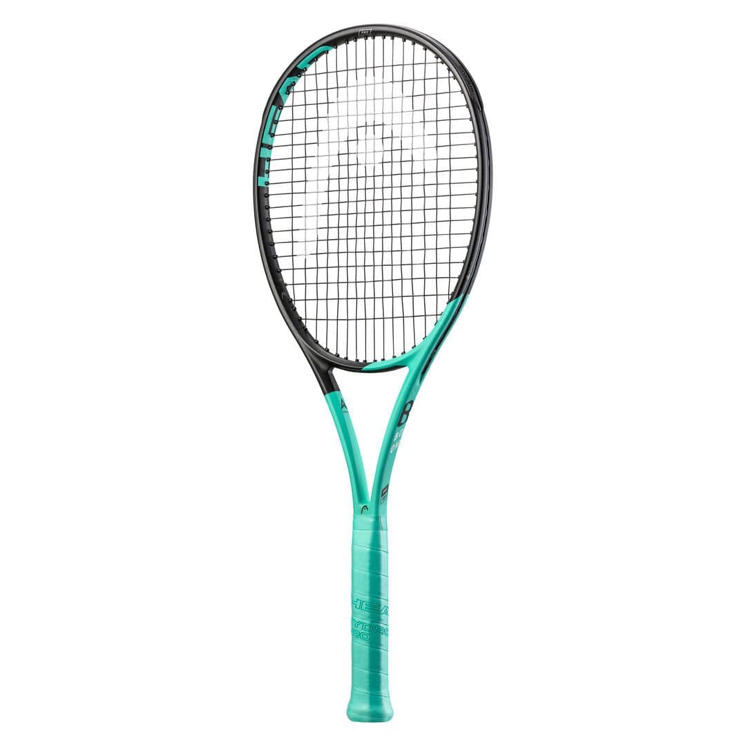 The HEAD Boom Pro 2022 Tennis Racket, tailored for advanced tournament players, showcases a sleek black and mint frame incorporating Graphene Inside technology. The strings harmonize with the design, while the handle is accented with vibrant turquoise grip tape for peak performance.