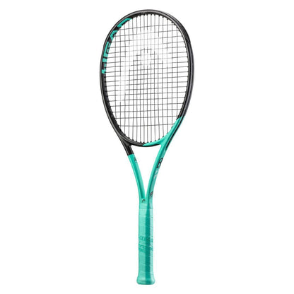 The HEAD Boom Pro 2022 Tennis Racket, tailored for advanced tournament players, showcases a sleek black and mint frame incorporating Graphene Inside technology. The strings harmonize with the design, while the handle is accented with vibrant turquoise grip tape for peak performance.