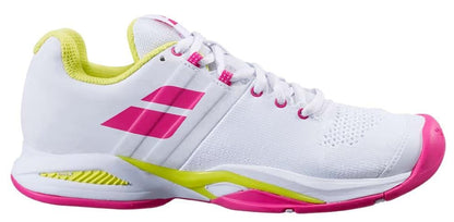 Experience the ideal combination of style and performance with the Babolat Propulse Blast All Court Women's Tennis Shoes in White Red Rose. These shoes showcase a durable Michelin Premium Tennis Sole, stylish red rose accents, a pink logo, white laces, and a comfortable interior designed for flair and function on the court.
