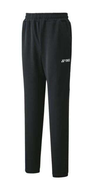 The Yonex 60085 Men's Warm Up Pants in black feature an elastic waistband and straight legs, displaying the Yonex logo on the left thigh. The sleek design focuses on comfort and athletic style, enhanced by stretch material for increased flexibility.