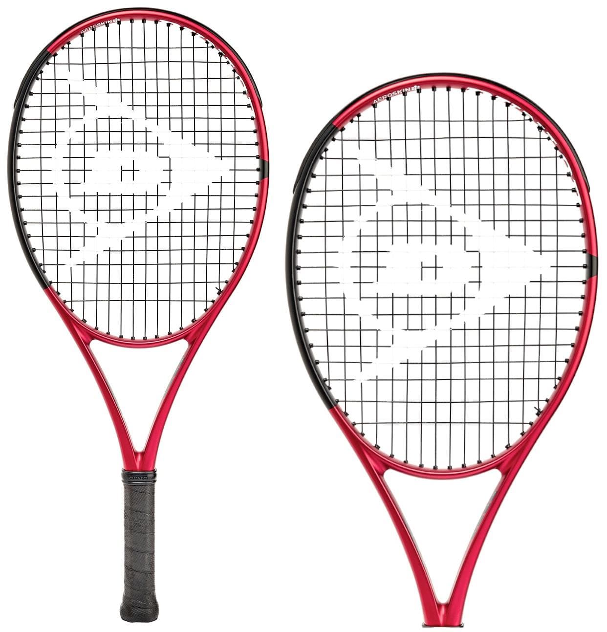 Two Dunlop CX 200 Junior 25 Tennis Rackets in red and black, featuring white strings with a geometric logo centered on them. The handles are wrapped in black material, and the frames incorporate HM6 Carbon for improved performance.