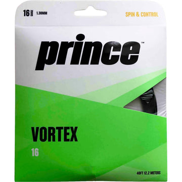 A package of Prince Vortex Black String Set, ideal for intermediate-level players, displays "16 gauge, 1.30mm, maximum spin & control" on the top right and "40ft 12.2 meters" on the bottom. Part of the black string is visible through a cutout in the packaging.